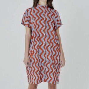 Osei-Duro Oversized Cinched 100% Cotton Bata Dress Red Zig Zag